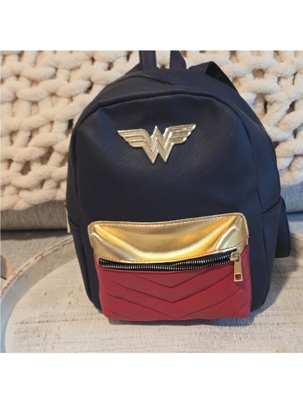 Bioworld Wonder Women EUC Emblem Navy Mini Backpack with Gold & Red Front Pocket